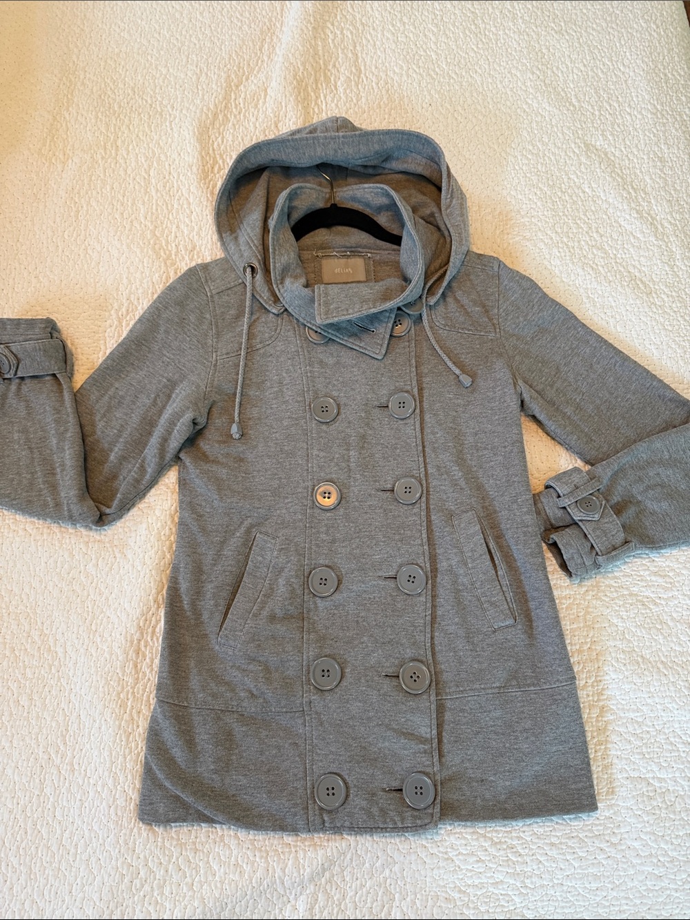 dELiA*s Vintage Gray Double-Breasted Hooded Pea Coat